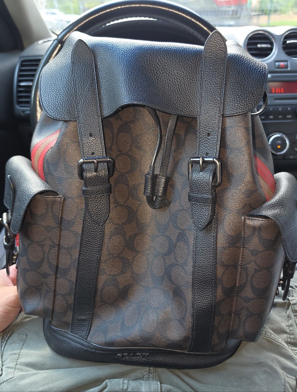 Coach Men’s Brown Signature Canvas Backpack with Black Leather